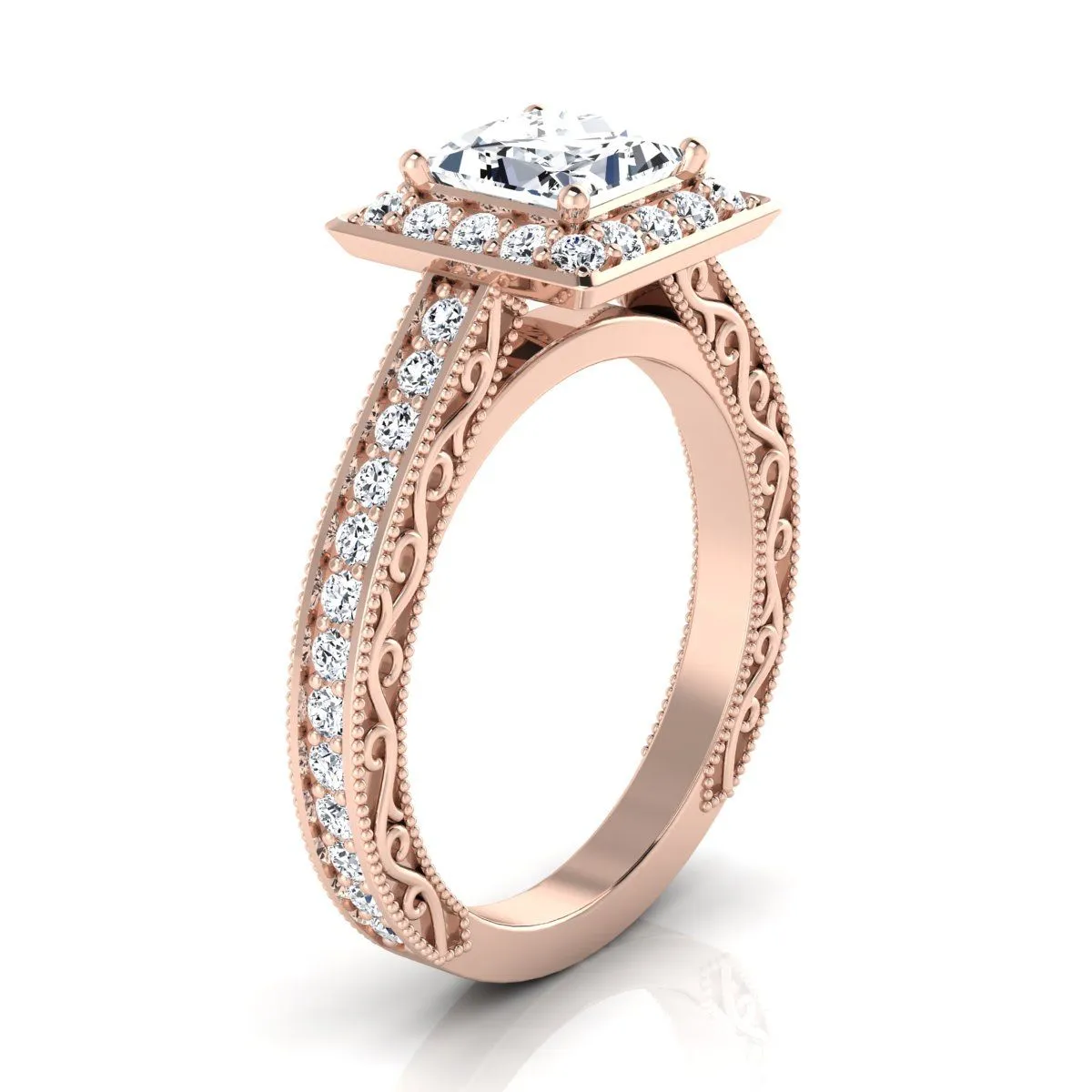 14K Rose Gold Princess Cut Hand-Engraved Delicate Diamond Milgrain Engagement Ring -1/2ctw