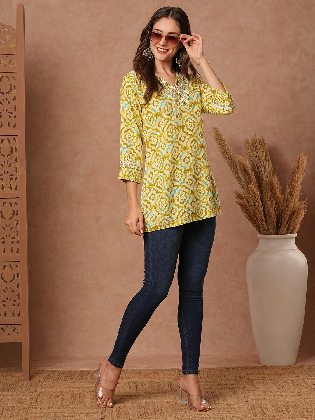 Abstract Printed Resham & Sequins Embroidered Kurti - Lime Green