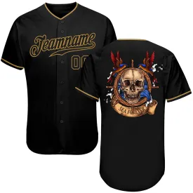 Custom Black Black-Old Gold Authentic Skull Fashion Baseball Jersey