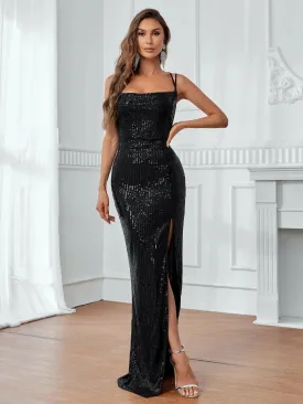 Elegant Backless Split Thigh Sequin Cami Party Dress