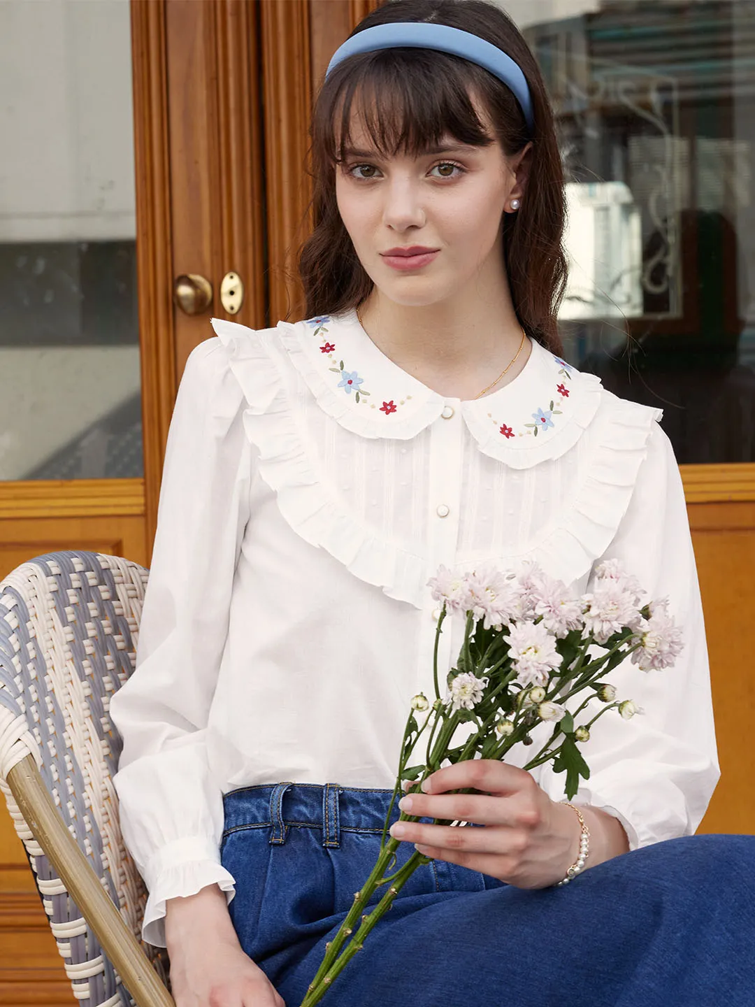 【Final Sale】Nancy Floral Embroidered Doll Neck Cotton Blouse