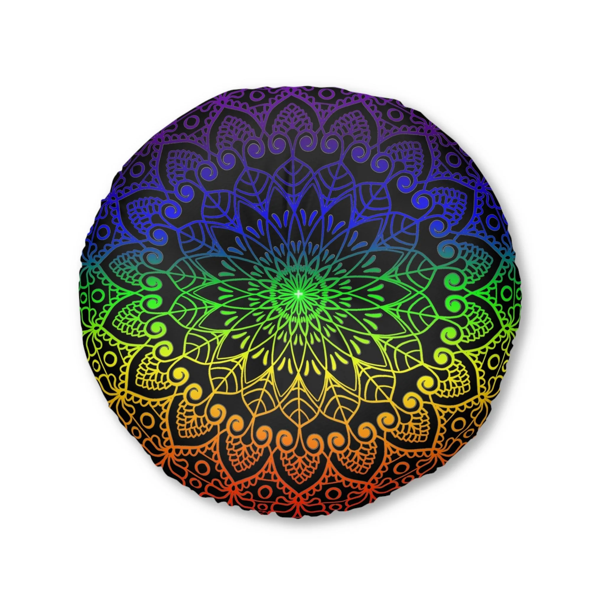 Handmade Mandala Art Floor Cushion - Rainbow on Black - Round