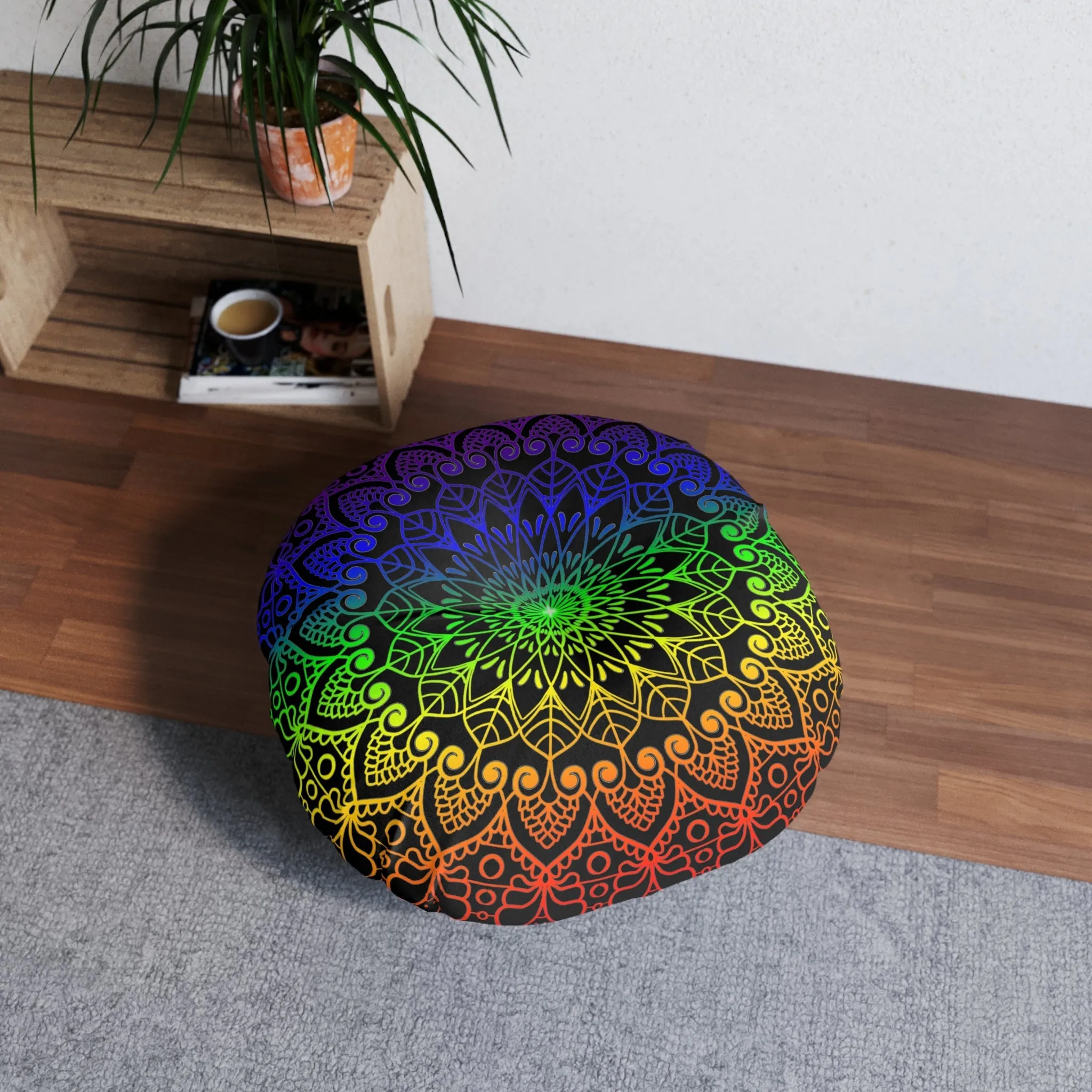 Handmade Mandala Art Floor Cushion - Rainbow on Black - Round