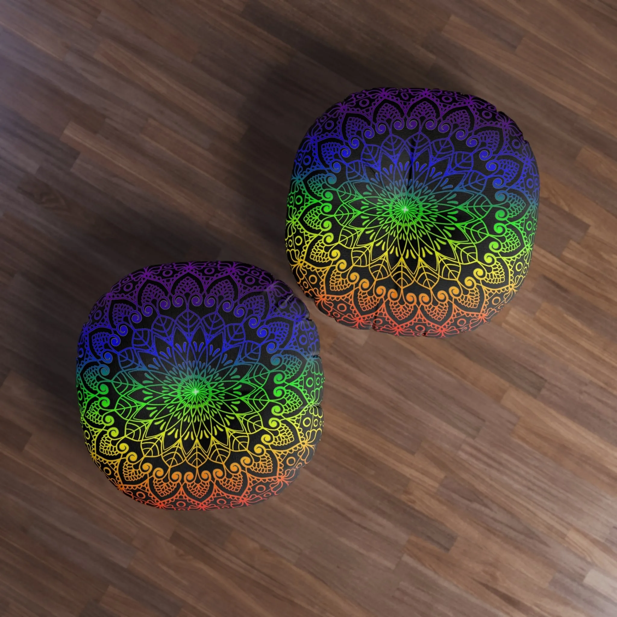 Handmade Mandala Art Floor Cushion - Rainbow on Black - Round