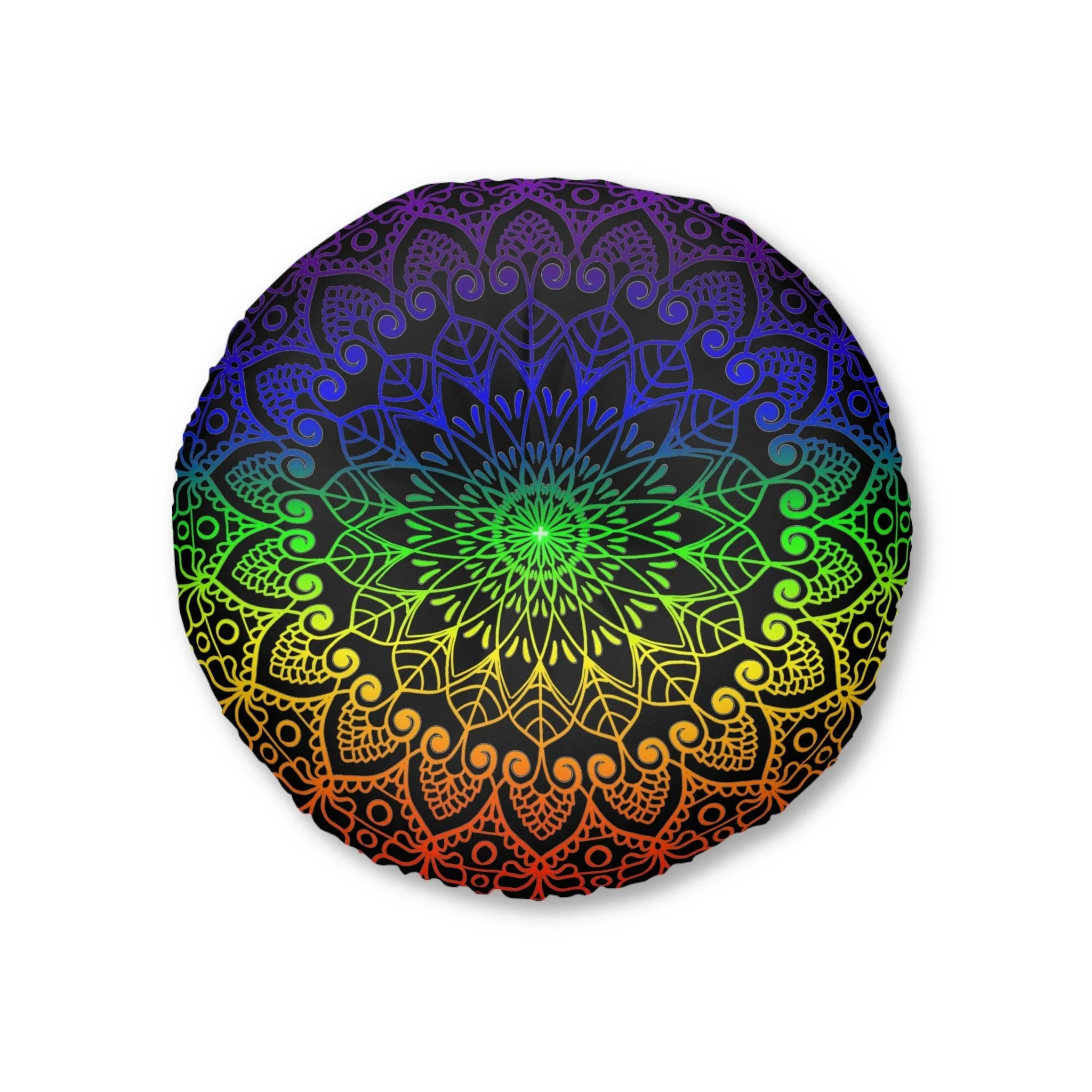 Handmade Mandala Art Floor Cushion - Rainbow on Black - Round