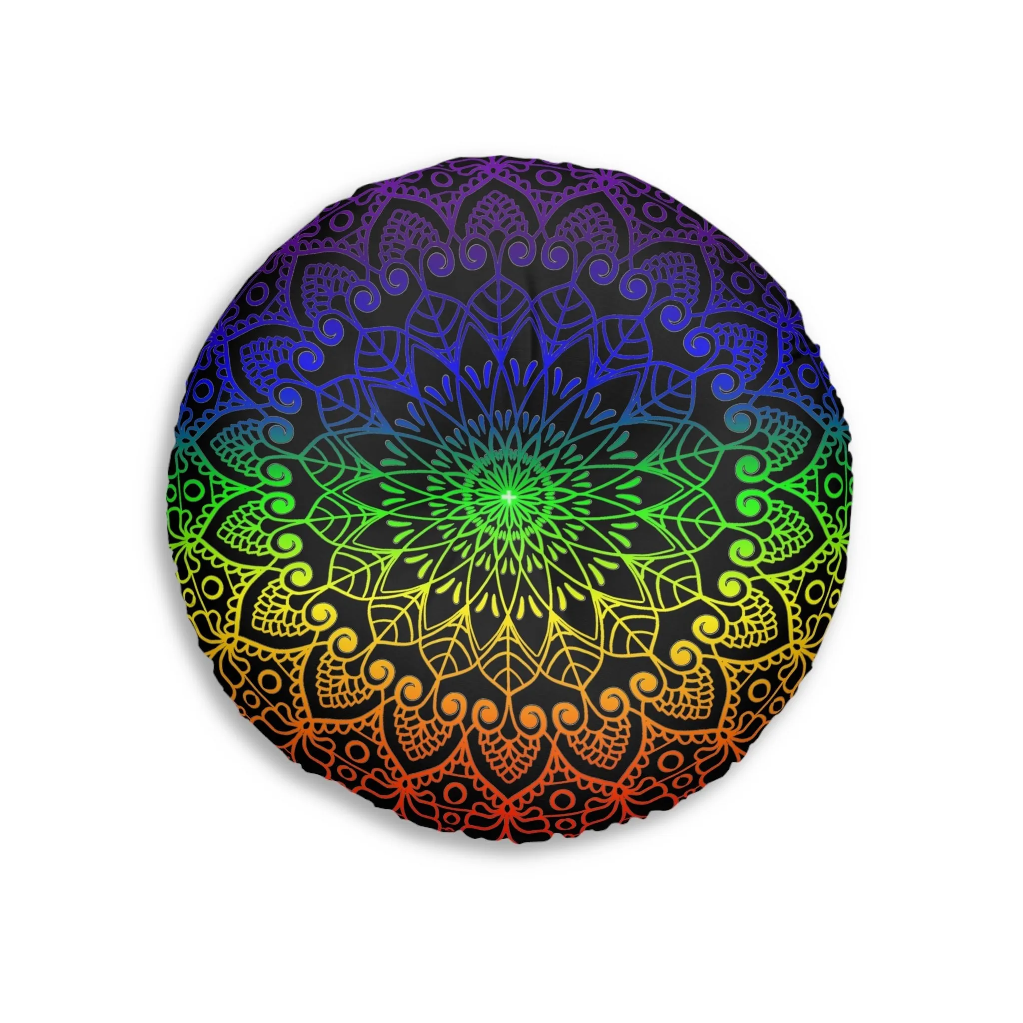 Handmade Mandala Art Floor Cushion - Rainbow on Black - Round