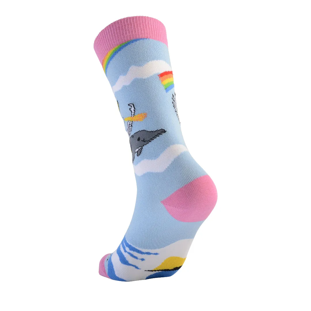 Land of Dreams Socks - Fire Breathing Unicorn on a Dolphin!