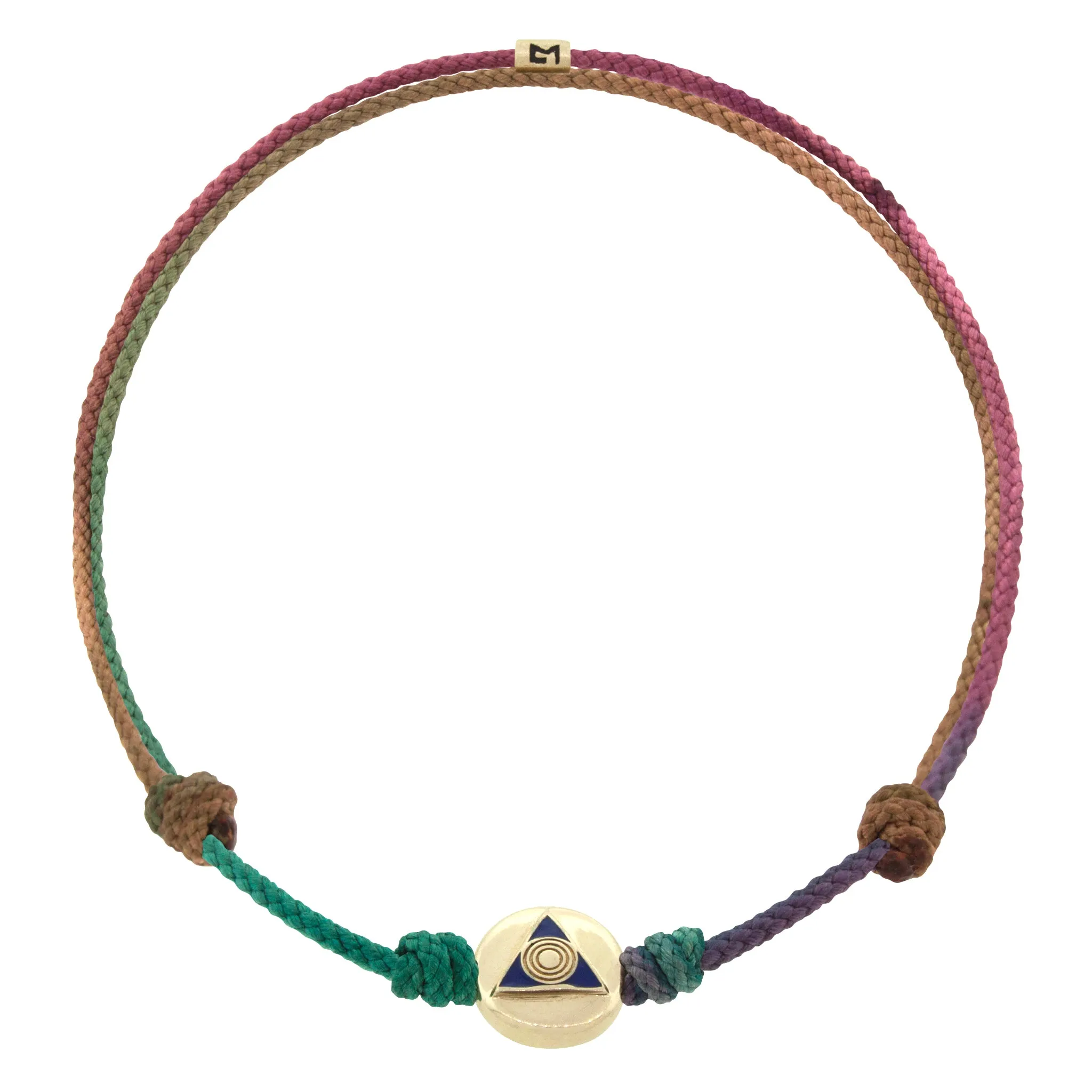 Light of the Majestic Enameled Gold Disk on a Moody Rainbow Cord Bracelet