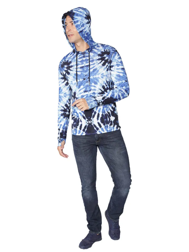 Men's Long Sleeve Hoodie printed in tie-dye blues