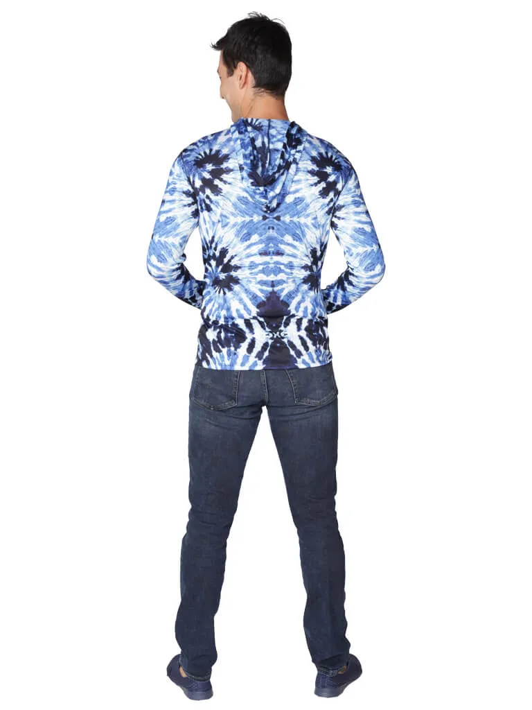 Men's Long Sleeve Hoodie printed in tie-dye blues