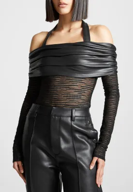 Mesh and Leather Bardot Bodysuit - Black