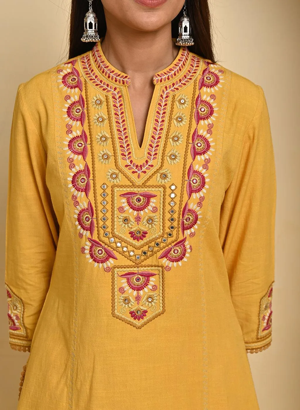 Mustard Cotton Multicolor Embroidered Kurta Set