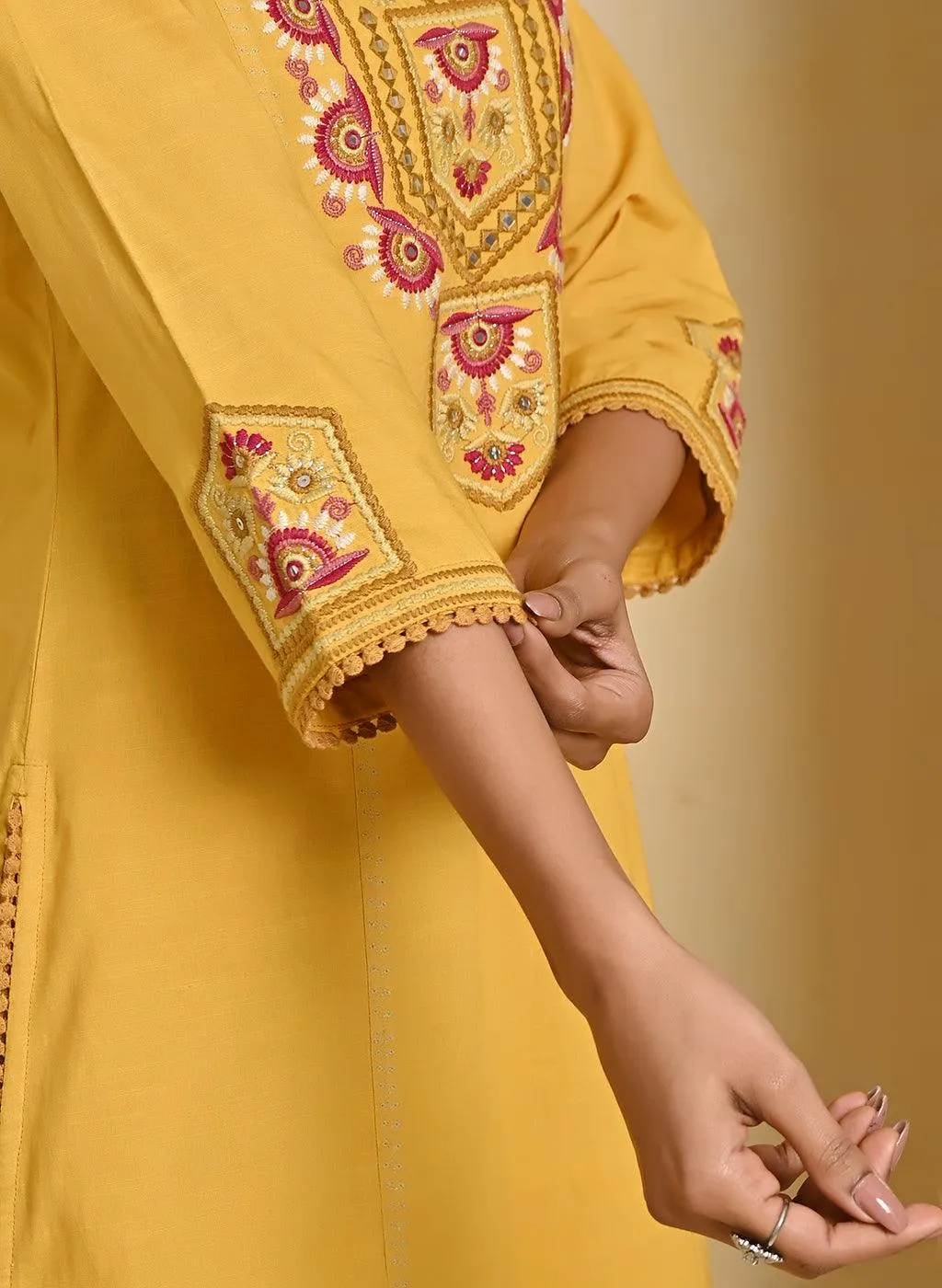 Mustard Cotton Multicolor Embroidered Kurta Set