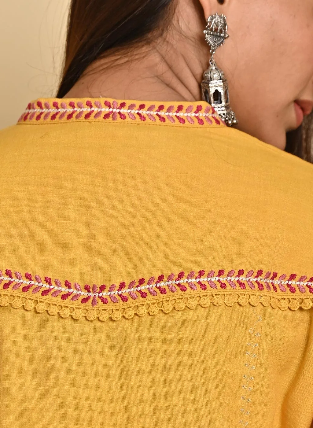 Mustard Cotton Multicolor Embroidered Kurta Set