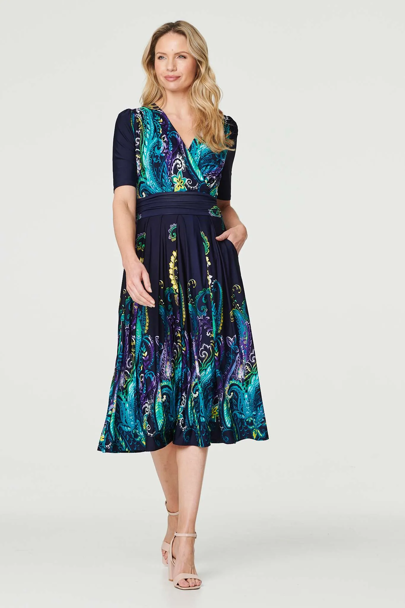 Printed Ruched Waist Midi Dress