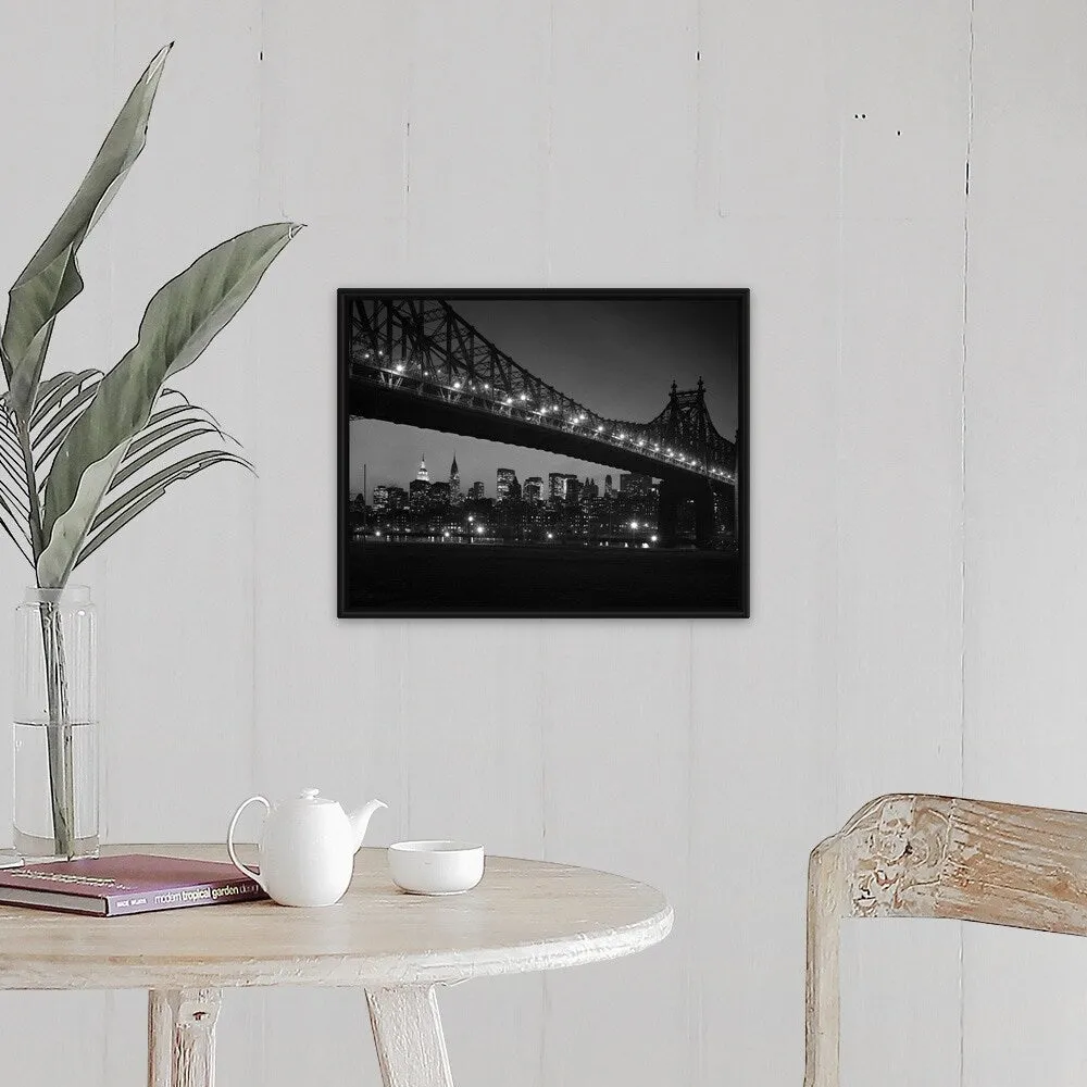 "1960's Queensboro Bridge And Manhattan Skyline At Night New York City NY USA" Black Float Frame Canvas Art