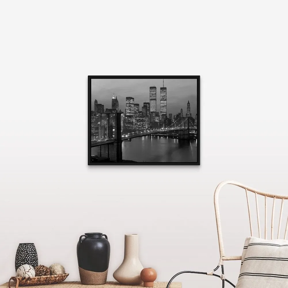 "1980's New York City Lower Manhattan Skyline Brooklyn Bridge World Trade Center" Black Float Frame Canvas Art