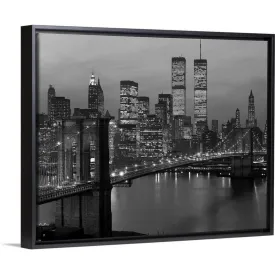 "1980's New York City Lower Manhattan Skyline Brooklyn Bridge World Trade Center" Black Float Frame Canvas Art