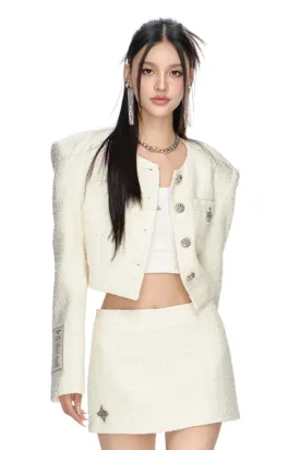 White Wide-Shoulder Short Tweed Jacket with Cross Design